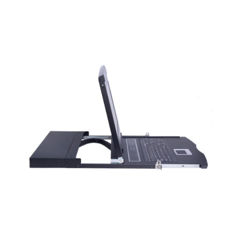 Utdragbar konsol med bildskärm, tangentbord och pekplatta. DVI. Lokal drift av server i 19" rackskåp