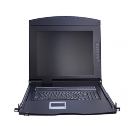 Utdragbar konsol med bildskärm, tangentbord och pekplatta. DVI. Lokal drift av server i 19" rackskåp