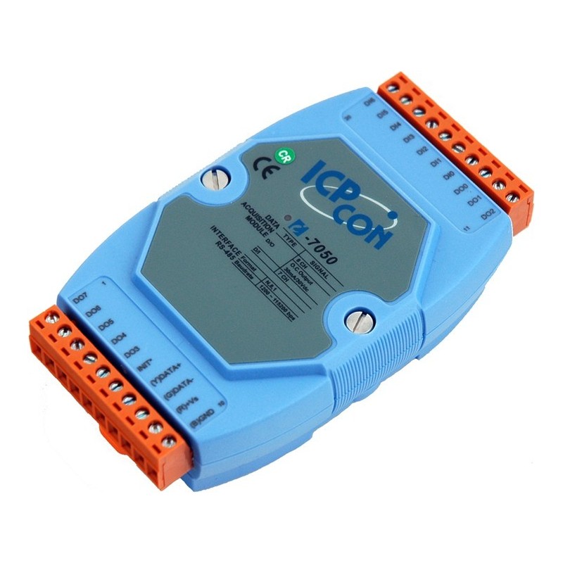 ICP DAS I-7050 är en I / O-modul med 7 digitala ingångar (dry / wet) och 8 digitala utgångar. RS485 buss