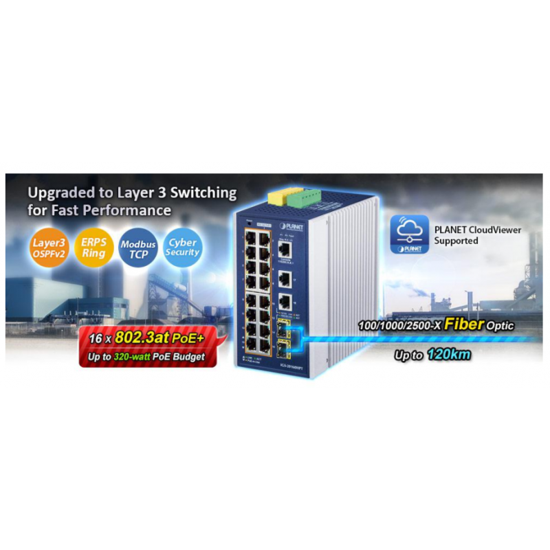 18-portars Managed Gigabit-switch med 1Gbit / 2,5Gbit fiberport. 16 x 10/100/1000 Mbit RJ45. PoE+