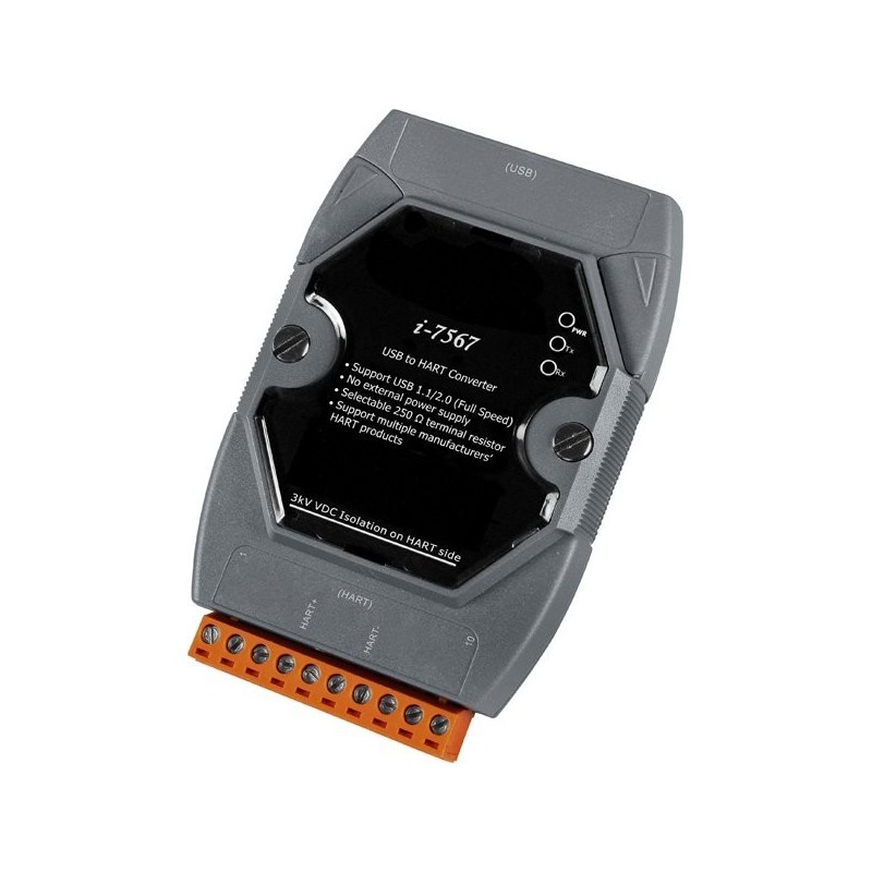 ICPDAS I-7567 är en USB till Hart Converter. 1 HART-port med valfri 250 ohm terminering.