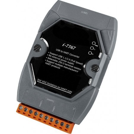 ICPDAS I-7567 är en USB till Hart Converter. 1 HART-port med valfri 250 ohm terminering.