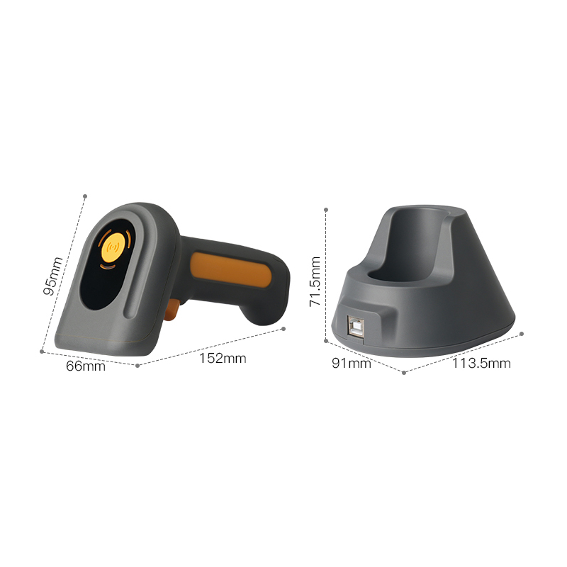 Trådlös QR, 2D och 1D streckkodsläsare med bas USB. Bluetooth och 2,4 GHz