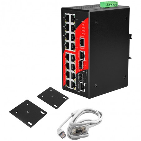 16 Portar Poe + DIN  RAIL, Fiber Interface 2 x SFP, SNMP Managed Industry Switch Extended Temperatur till 80°C, Redundant Ring