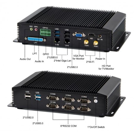 Inbyggd BOX PC i aluminiumhölje med 6 RS232-portar