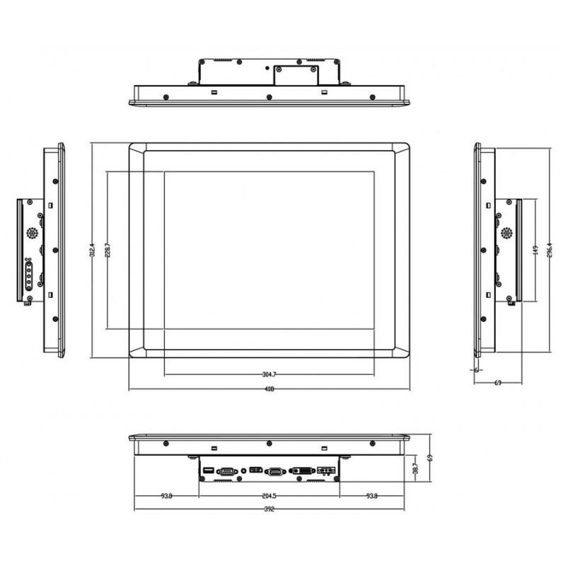 15 "PANEL VESA MONITOR TFT-LCD, resistiv touch, IP65 Front VGA, DVI-D, DisplayPort 1024X768