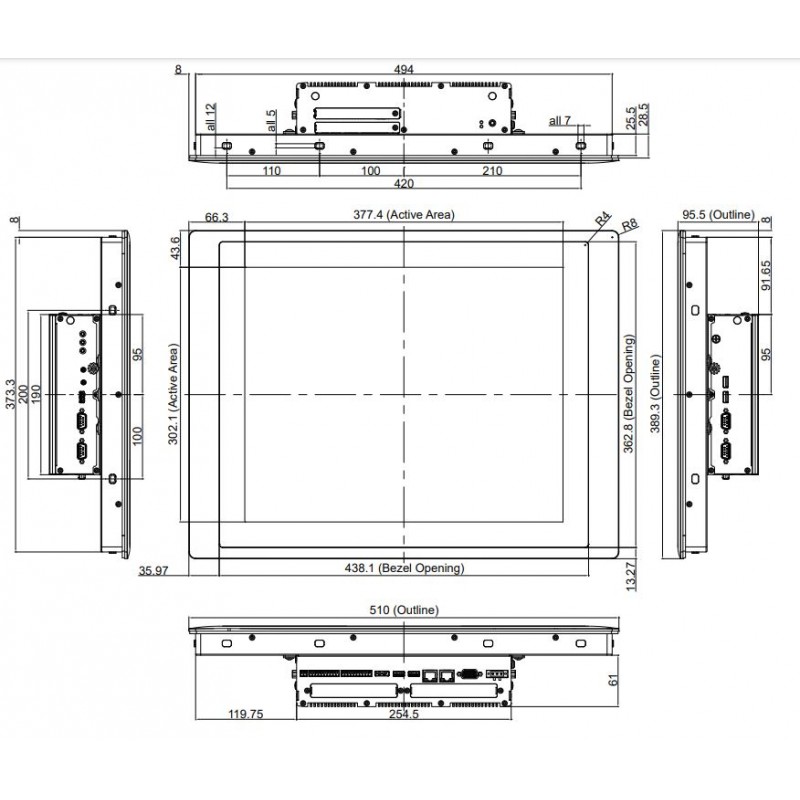 19 "Panelmontering VESA TFT-LCD, projicerad kapacitiv touch, IP65 Front VGA, DP, DVI-D 12,24,48VDC