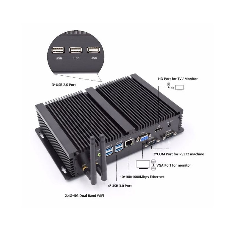 Fläktlös Embedded PC I5 Gen.8: Dual Display, 16 GB RAM, USB 3.0/2.0