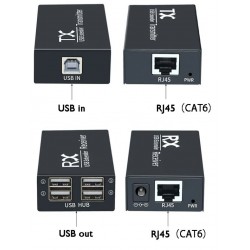 4 Port USB2.0, förlängare, 120 meter, förlängare över RJ45 patchkabel. Stabil 5VDC på USB-port