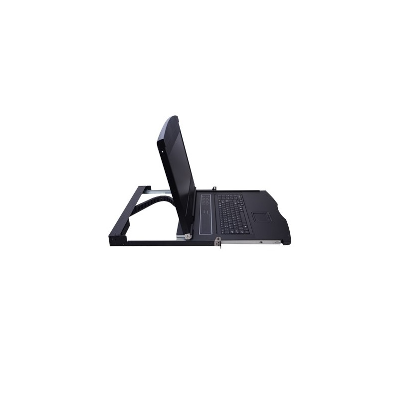 Utdragbar konsol med bildskärm, tangentbord och pekplatta. HDMI. Lokal drift av server i 19" rackskåp