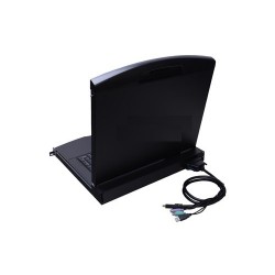 Utdragbar konsol med bildskärm, tangentbord och pekplatta. HDMI. Lokal drift av server i 19" rackskåp