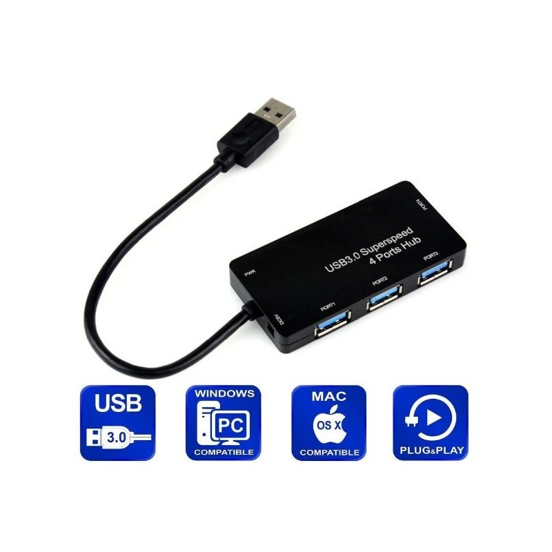 USB Hub superhastighet - 4 portar - USB 3.0 - 50 cm kabelfönster, MAC OS