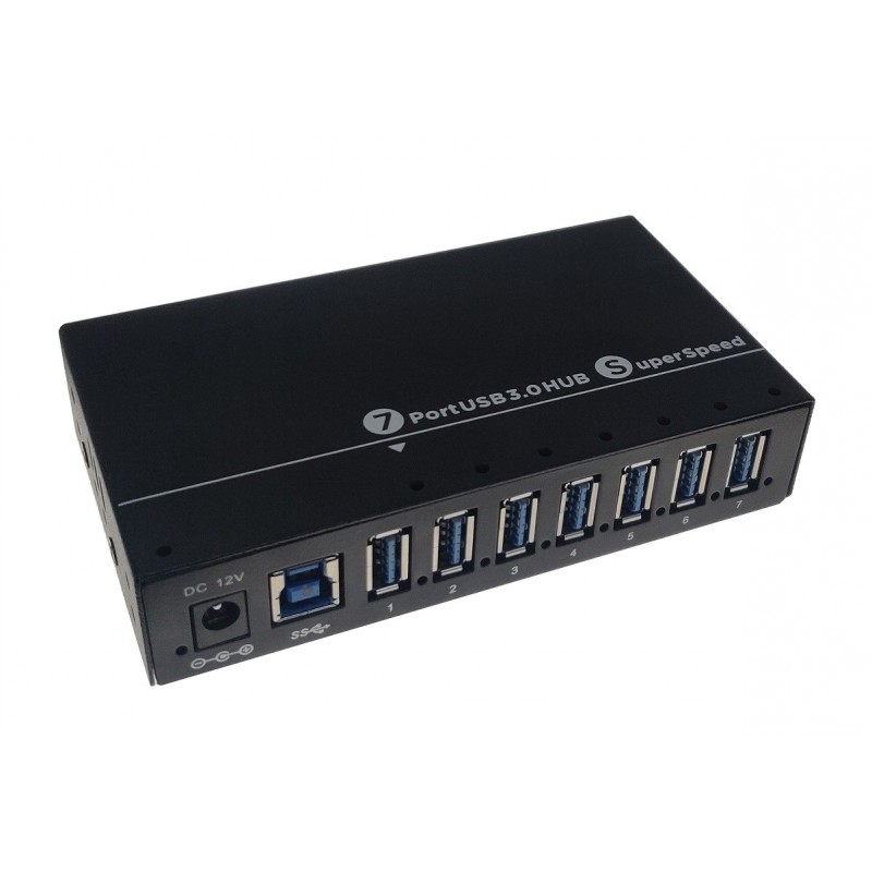 7-portars USB3.0 HUB, i ett metallfodral. Drivs av extern 12VDC