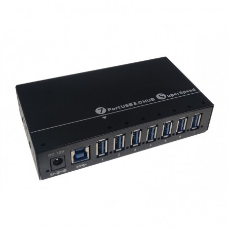 7-portars USB3.0 HUB, i ett metallfodral. Drivs av extern 12VDC