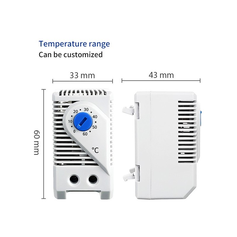 Skåpetermostat 0 till 60°C, 230VAC DIN montering nära kontakt NO funktion