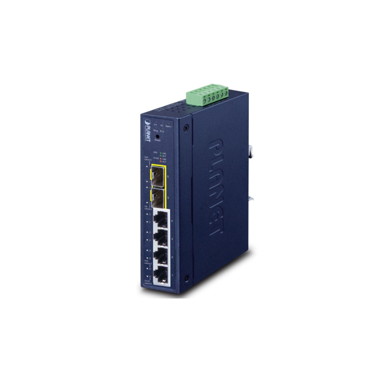 6 portar hanterad switch 4 x RJ45 10/100/1000 Mbps, 2 x 100/1000 Mbps SFP-kortplats. Redundant ring