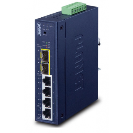 6 portar hanterad switch 4 x RJ45 10/100/1000 Mbps, 2 x 100/1000 Mbps SFP-kortplats. Redundant ring