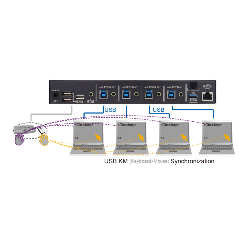 4-portars USB-kontrollerad mus och tangentbord mellan de 4 datorerna - sömlös roaming