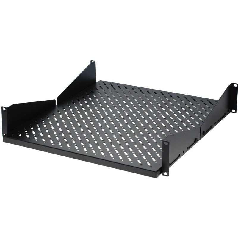 Slitstark 2U svart stålhylla för 19 rackskåp, 43cm