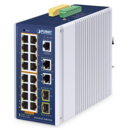20 portar Managed switch - 16 x RJ45 10/100/1000Mbit PoE+ 2 x RJ45, 2 x Gbit SFP-kortplats