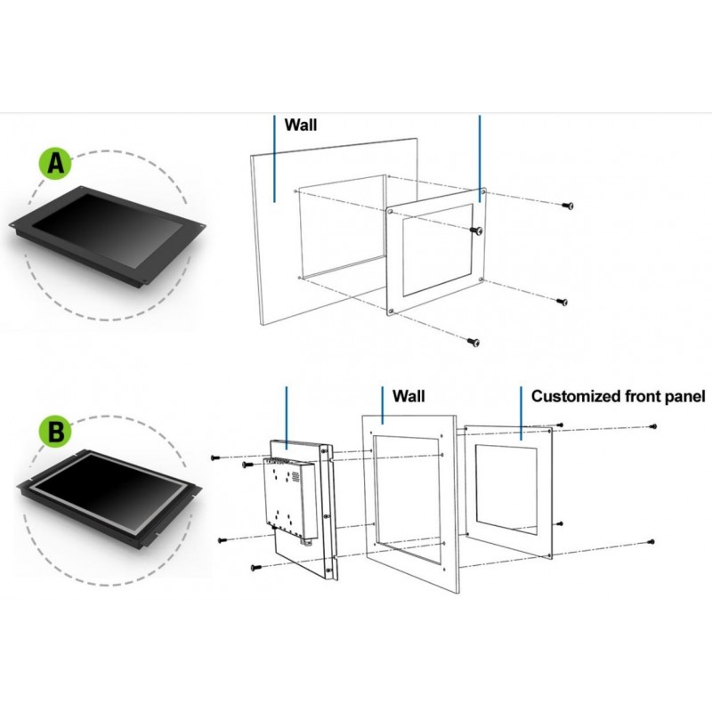 15" Industriell pekskärm med open frame eller panelfäste 300cd/m2, Vesa, touch HDMI, VGA, DVI, A/V