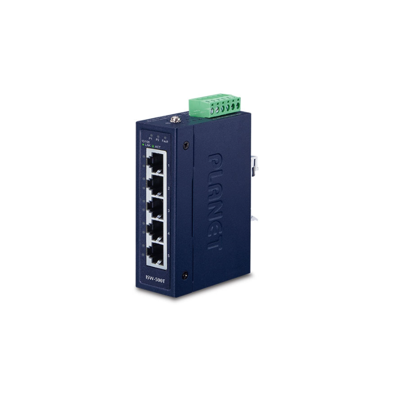 5 portar 100Mbit unmanaged kompakt switch med DIN-fäste. 12 - 48VDC eller 24VAC