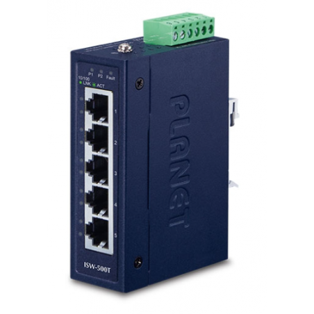 5 portar 100Mbit unmanaged kompakt switch med DIN-fäste. 12 - 48VDC eller 24VAC