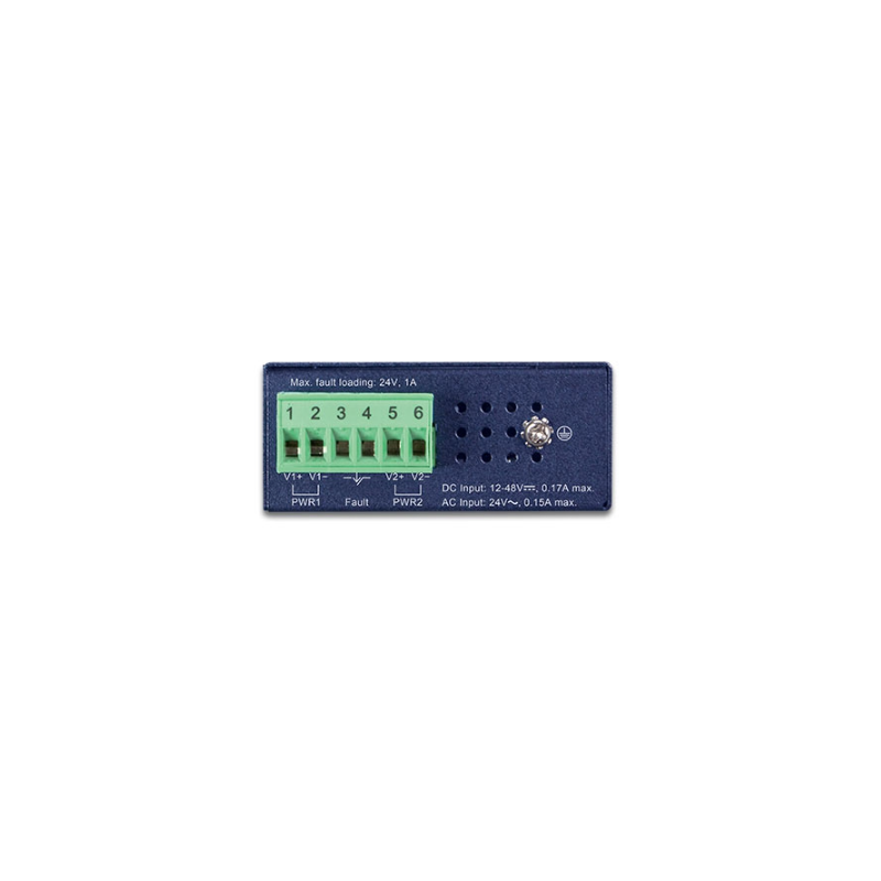 5 portar 100Mbit unmanaged kompakt switch med DIN-fäste. 12 - 48VDC eller 24VAC