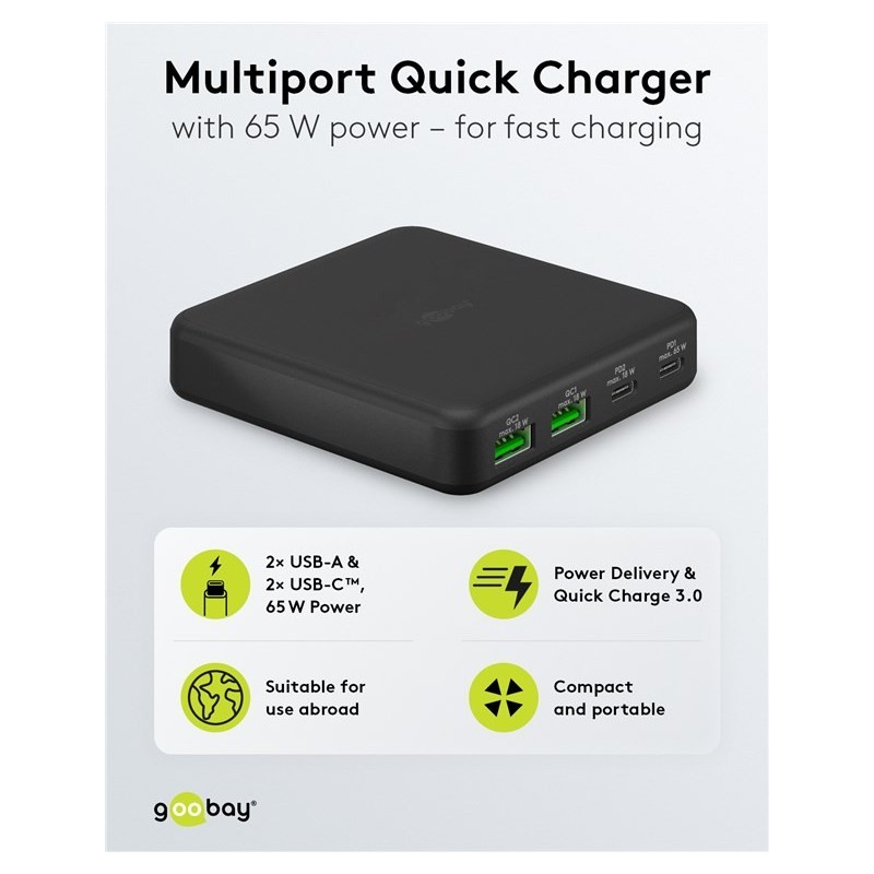 USB-C™ PD GaN bordsladdare med flera portar (65 W) svart 2x USB-C, 2x USB-A-portar