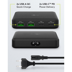 USB-C™ PD GaN bordsladdare med flera portar (65 W) svart 2x USB-C, 2x USB-A-portar