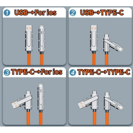 4 i 1 PD USB-kabel 100W Snabbladdningskabel 2 meter, USB-A, USB-C, Iphone Lighting