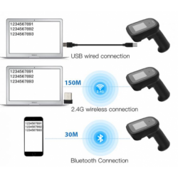 1D, 2D QR handhållen streckkodsläsare med Bluetooth och 2,4GHz. Med display.