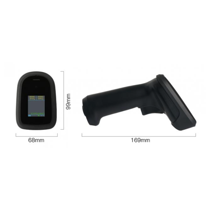 1D, 2D QR handhållen streckkodsläsare med Bluetooth och 2,4GHz. Med display.