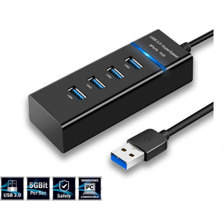 USB 3.0 4-portars Super Speed HUB, hög hastighet med LED-indikator, svart
