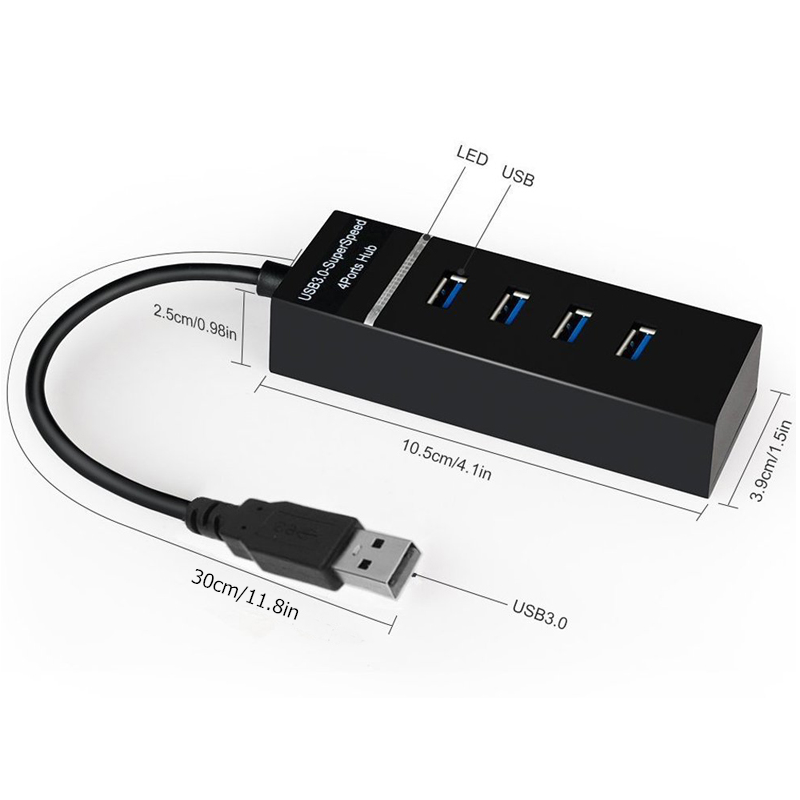 USB 3.0 4-portars Super Speed HUB, hög hastighet med LED-indikator, svart