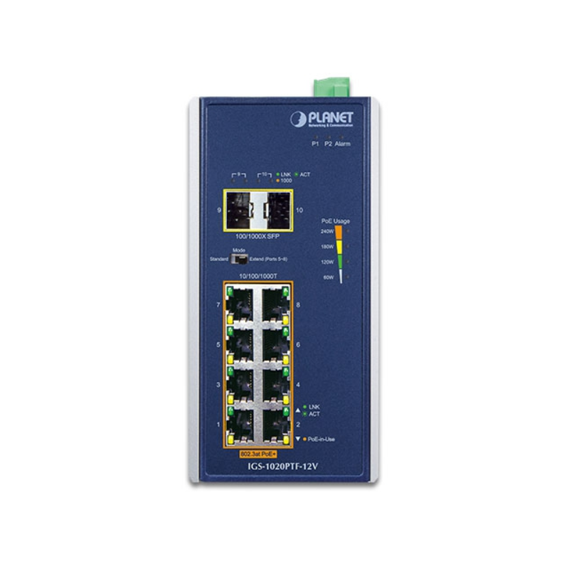8 + 2 portar Unmanaged Industrial switch, 8 x RJ45 Gigabit, 2 x 100/1000 Mbit SFP-kortplats, PoE+