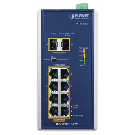 8 + 2 portar Unmanaged Industrial switch, 8 x RJ45 Gigabit, 2 x 100/1000 Mbit SFP-kortplats, PoE+