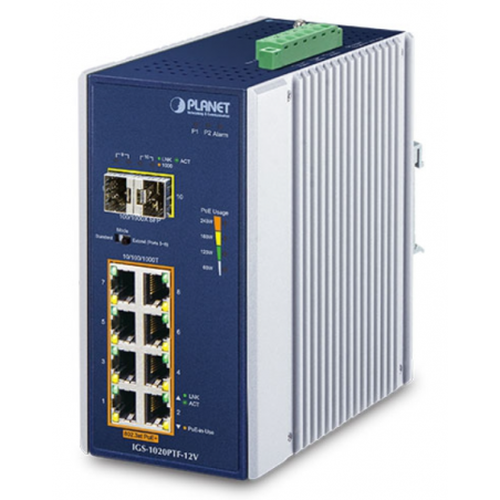 8 portar Unmanaged Industrial switch, 8 x RJ45 Gigabit, 2 x 100/1000 Mbit SFP-kortplats, PoE+ mätning: 12 - 54VDC