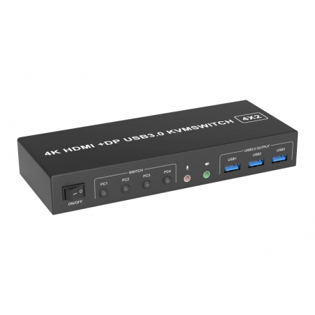 4-portars HDMI & DisplayPort KVM-switch, 4K, Stöder Multi Monitor, 3x USB