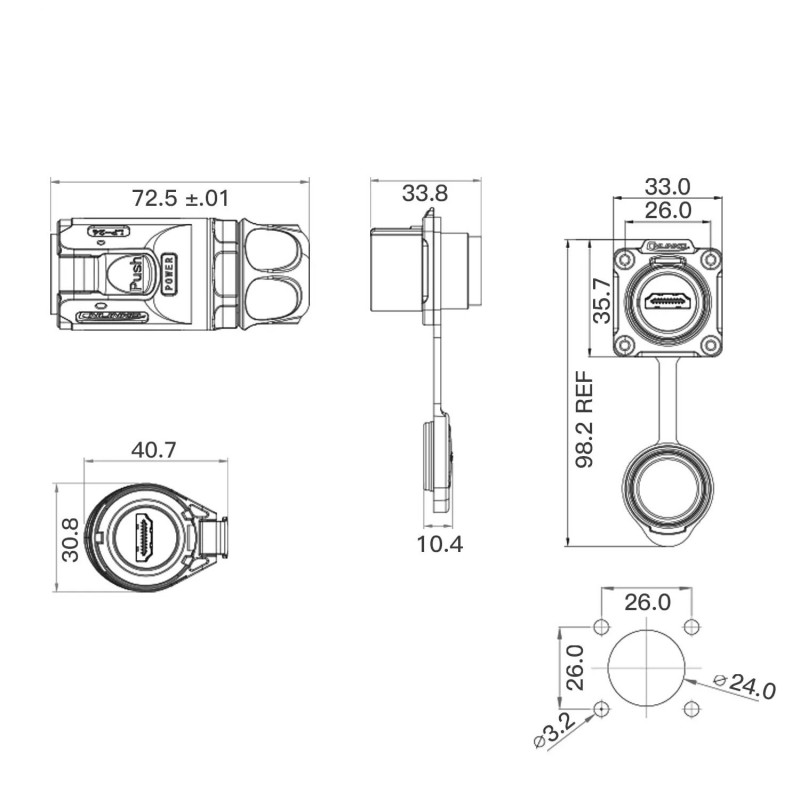 IP67 vattentät HDMI 2.0-kontakt med 5m kabel för paneler
