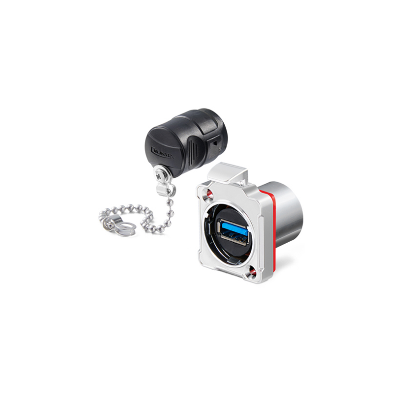 Vattentät USB 3.0-chassikontakt. Tryckknappsutlösning. Metall. USB-hona/hona. 24 mm hål