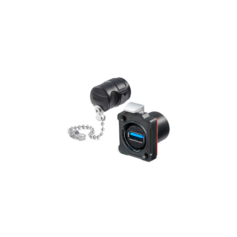 Vattentät USB 3.0 chassikontakt, tryckfrigöring. Svart anodiserad. USB-hona/hona. 24 mm hål