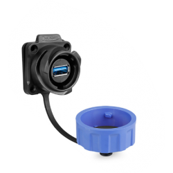 Vattentät USB 3.0 chassikontakt med bajonettfattning. Plast. USB-hona/hona. 24 mm hål