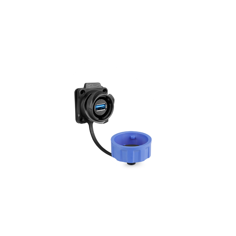 Vattentät USB 3.0 chassikontakt med bajonettfattning. Plast. USB-hona/hona. 24 mm hål