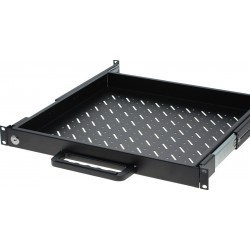 1U dra-ut-låda till 19" IT skåp, 470 - 600mm, svart. Med nyckel lås.
