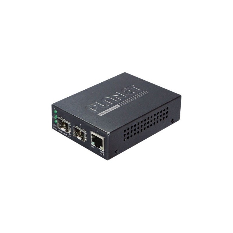 Mediaomvandlare med 2 x SFP 1000Mbit-plats för Single Mode eller Multi Mode och 1 x RJ45