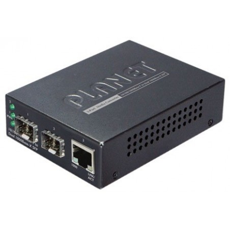 Mediaomvandlare med 2 x SFP 1000Mbit-plats för Single Mode eller Multi Mode och 1 x RJ45