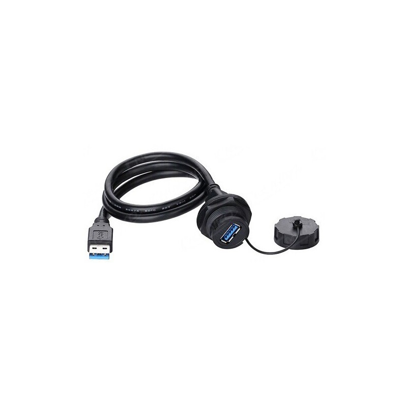 Vattentät USB3.0 chassi honkontakt, IP67 med lock, 1 meter kabel. Plast.