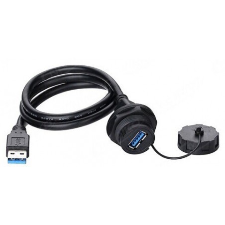 Vattentät USB3.0 chassi honkontakt, IP67 med lock, 1 meter kabel. Plast.