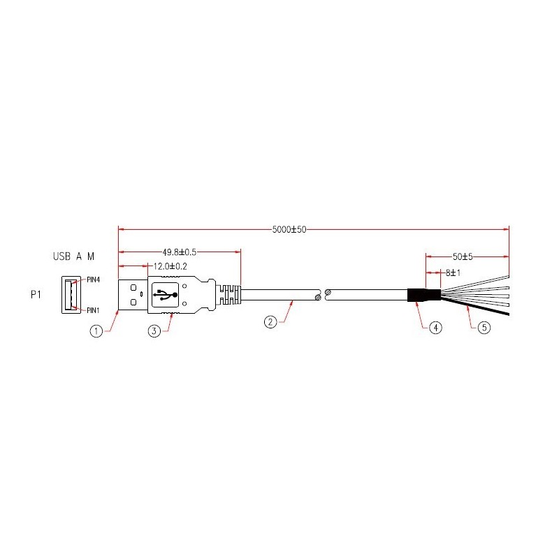 USB-kabel, 4-pin En jane till pigtail 5 meter